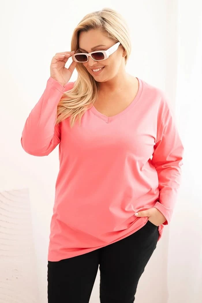 Bluzka damska bawełniana z dekoltem V Plus Size Cortesia, farba Ružová