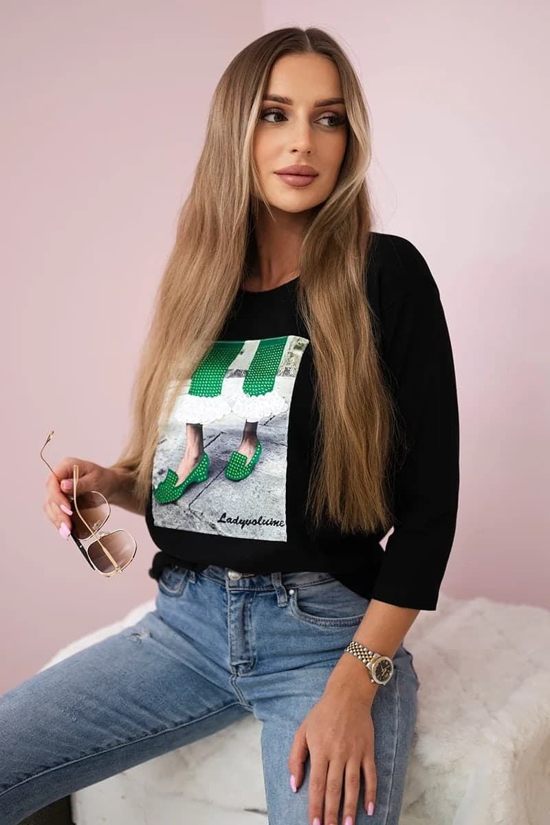 Bluzka damska bawełniana z grafiką 3D Milagros, farba Čierny