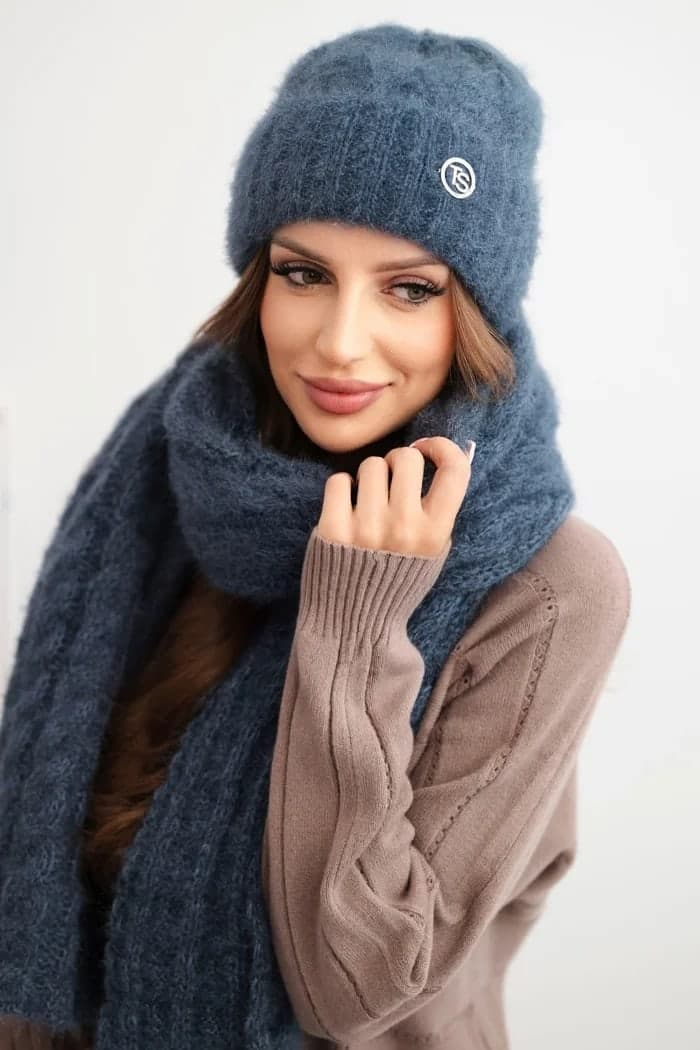 Dámska súprava čiapka s obrubou a dlhý rebrovaný šál Nevicata, farba Džínová
