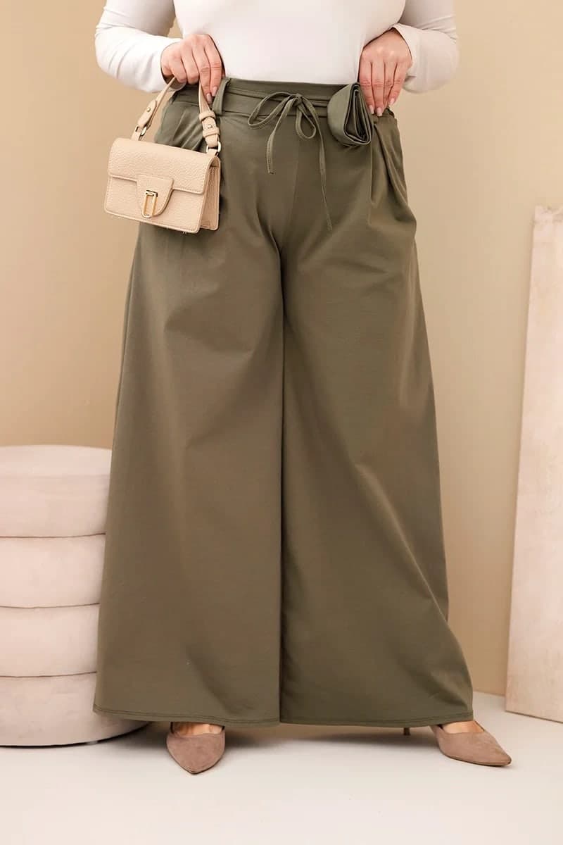 Spodnie damskie bawełniane plus size z szeroką nogawką Nortia, farba Khaki