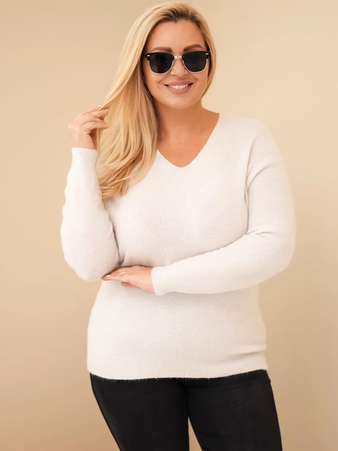 Sweter damski z baby alpaki z długim rękawem Plus Size Cachemire, farba Béžový