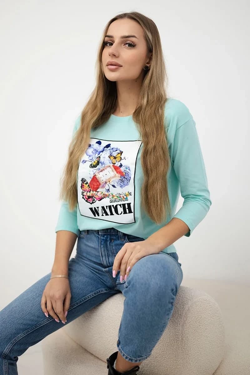 Bluzka damska bawełniana z grafiką 3D Watch Fragranza, farba Mätová