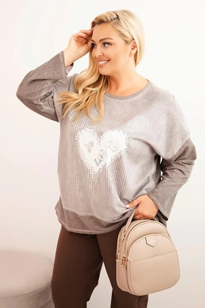 Bluza damska bawełniana plus size z nadrukiem serca Antoinette, farba Hnedý