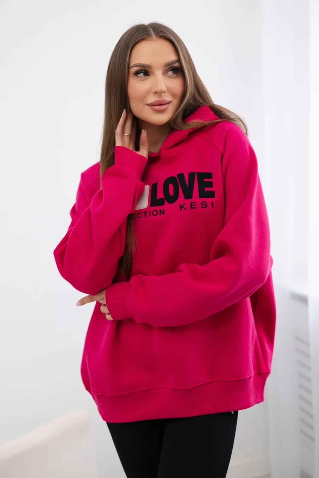 Bluza damska bawełniana ocieplana z kapturem Oleandro, farba Fuksia