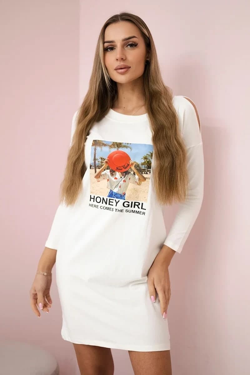 Sukienka damska bawełniana z nadrukiem Honey girl Carrara, farba Ecru