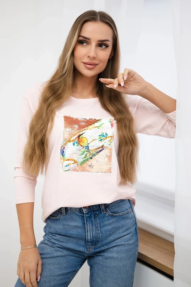 Bluzka damska bawełniana z grafiką 3D Bird Tulle, farba Púdrová ružová