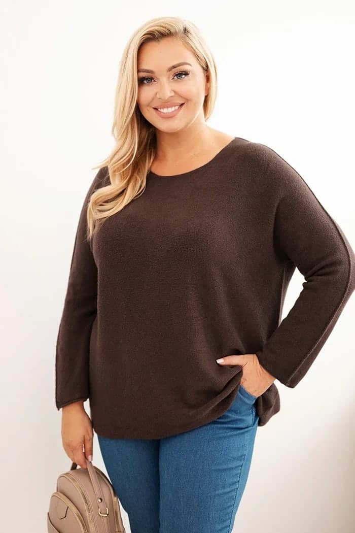 Sweter damski wiskozowy plus size z dekoltem łódką Imelda, farba Hnedý