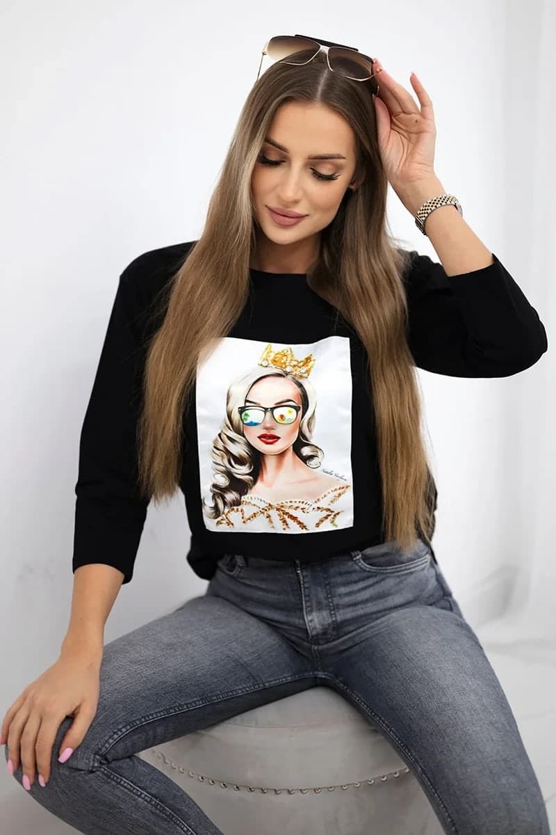 Bluzka damska bawełniana z grafiką Rebecca, farba Čierny