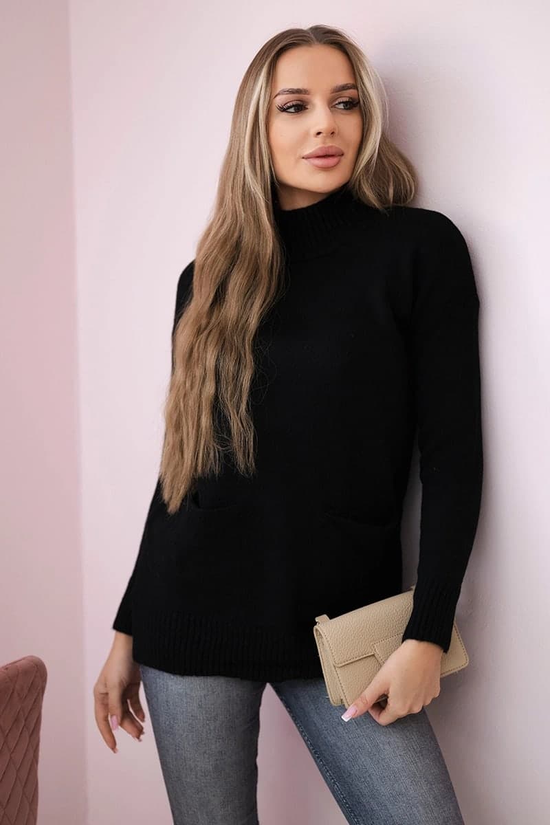 Sweter damski wełniany z kołnierzem ze stójką Salomé, farba Čierny