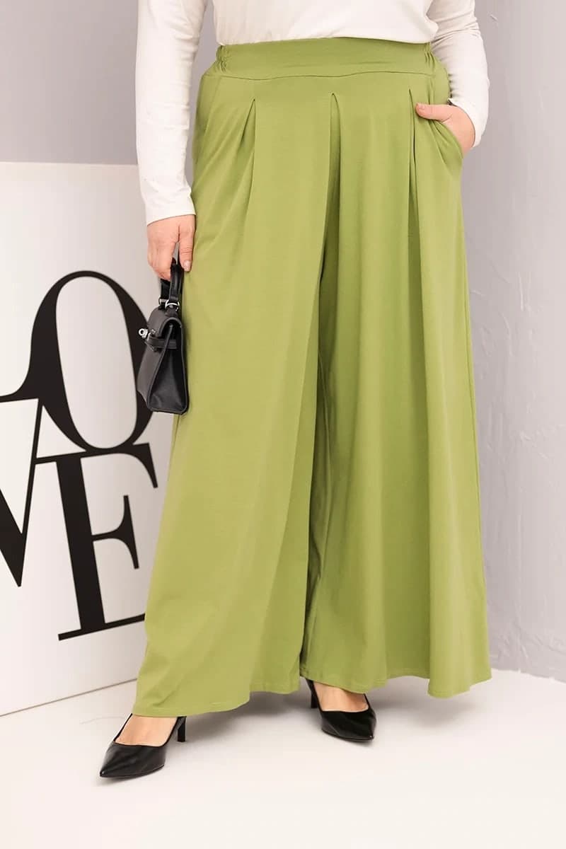 Spodnie damskie bawełniane plus size z szeroką nogawką Manuela, farba Pistáciová