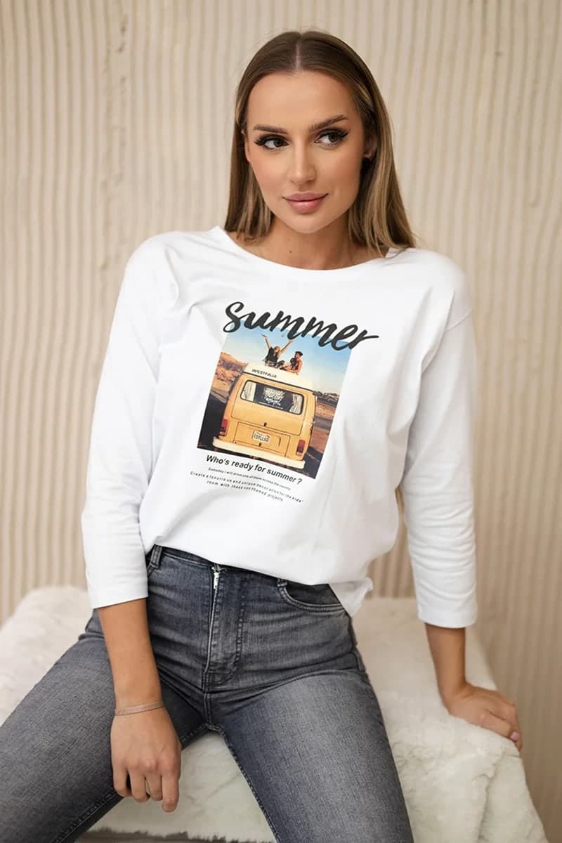 Bluzka damska bawełniana z nadrukiem Summer car Acantha, farba Biela