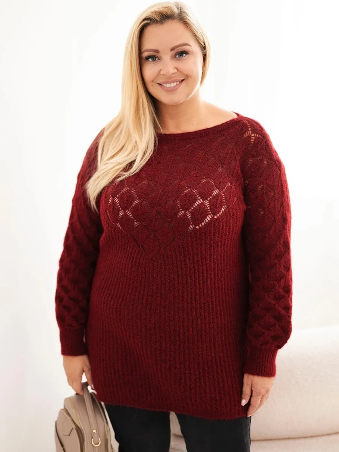 Sweter damski dzianinowy ażurowy Plus Size Florine, farba Bordový