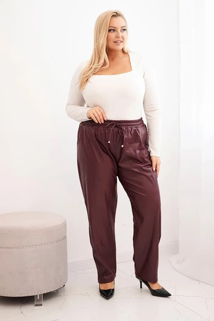 Spodnie damskie ekoskórzane ocieplane plus size Spello, farba Bordový
