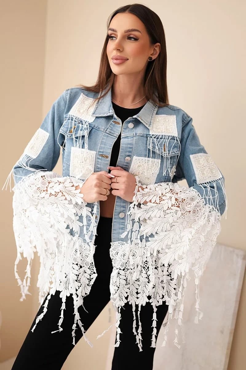 Kurtka damska bawełniana z frędzlami boho Angelica, farba Svetlý denim