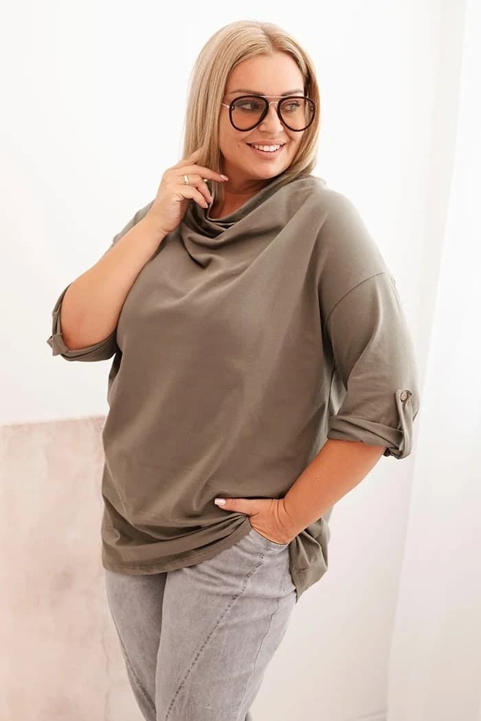 Bluzka damska bawełniana plus size z dekoltem wodnym Rosanna, farba Khaki