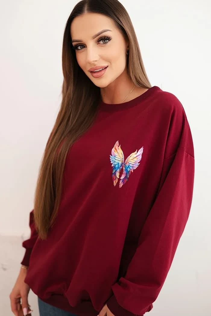 Bluza damska bawełniana oversize z nadrukiem Perla, farba Bordový