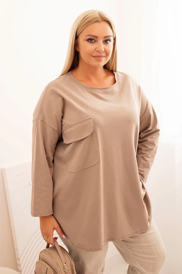 Bluzka damska bawełniana plus size z kieszenią Fátima, farba Fango