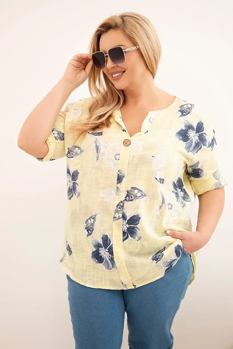 Bluzka damska bawełniana plus size z asymetrycznym dołem Paola, farba Žltý