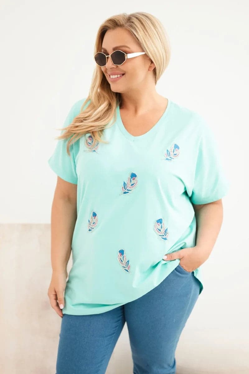 Dámska bavlnená blúzka plus size s pierkami Fruscio, farba Mätová