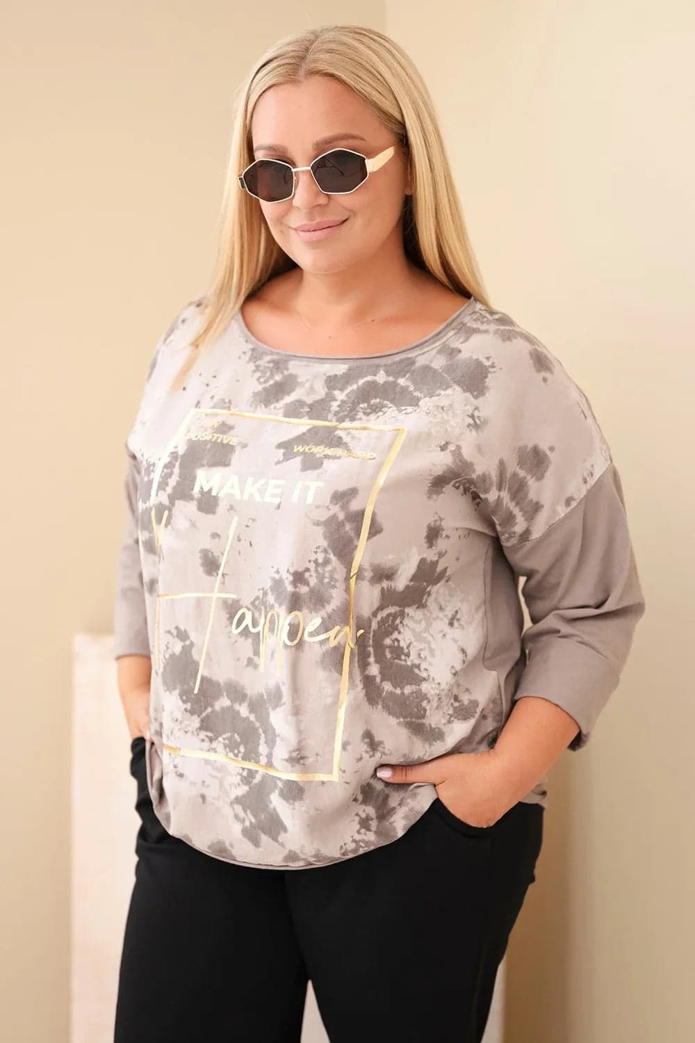 Dámska bavlnená blúzka Plus Size s potlačou fango Flanelle, farba Fango